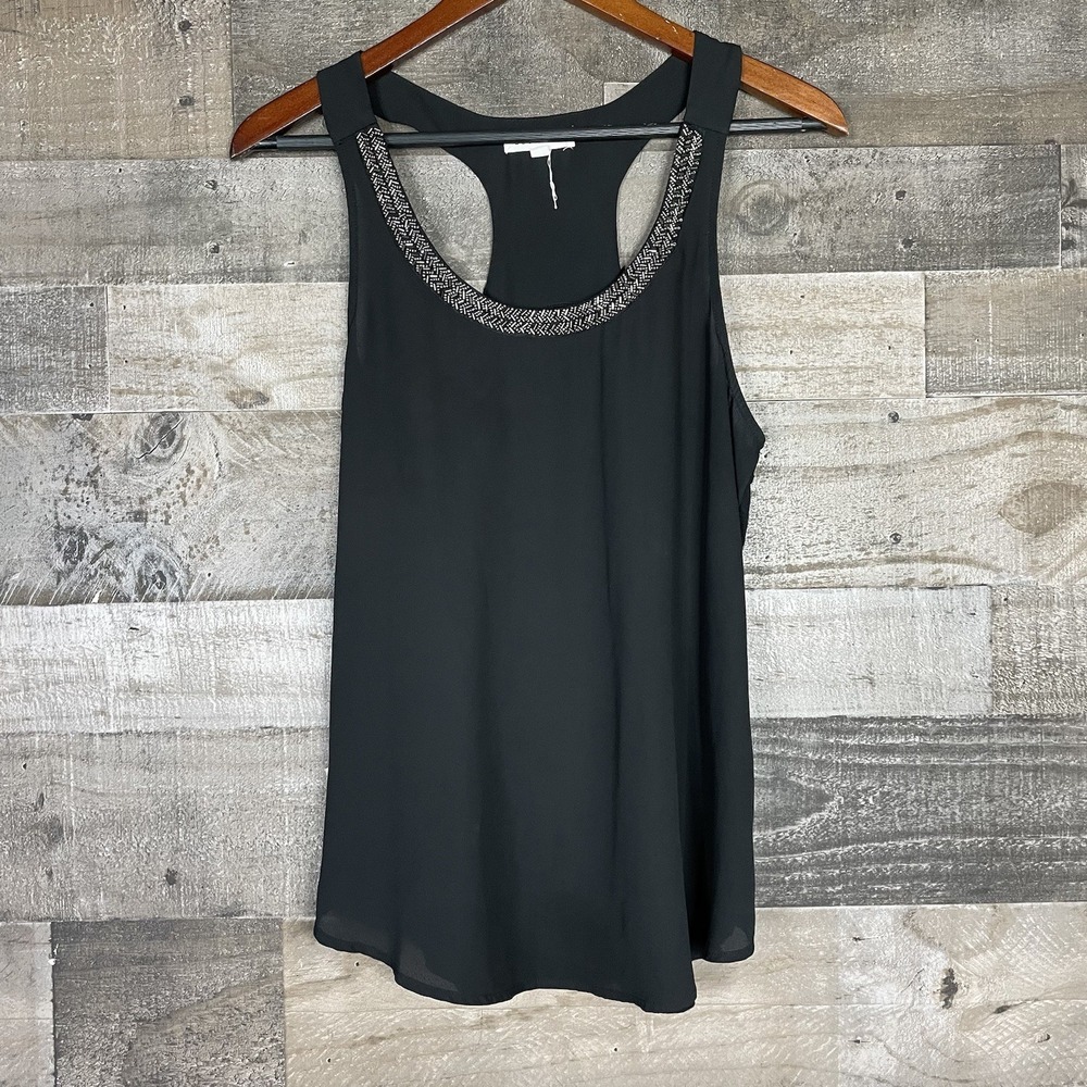 Socialite Tank Top Womens Size M Black Beaded‎ Neckline Lightweight Semi Sheer